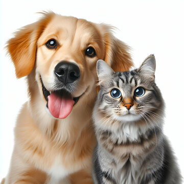 Perro y gato sentados mirando a c&aacute;mara aislados sobre fondo blanco