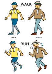 ウォーキングをするシニア男性のイラストセット