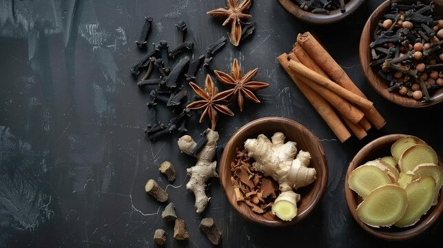 Concept of herbal medicine Overhead view of cinnamon dried ginger black