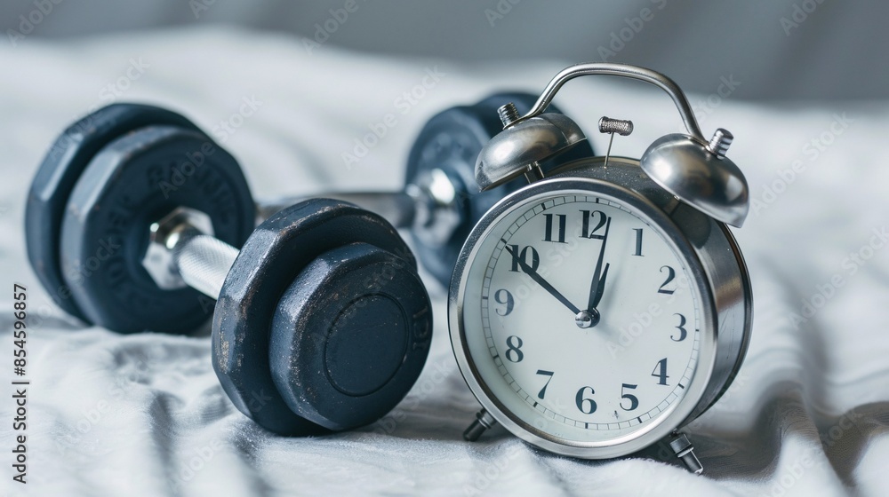 Poster A sleek alarm clock sits next to a pair of dumbbells on a light background, symbolizing the commitment to a consistent workout routine. The image emphasizes the importance of time management in
