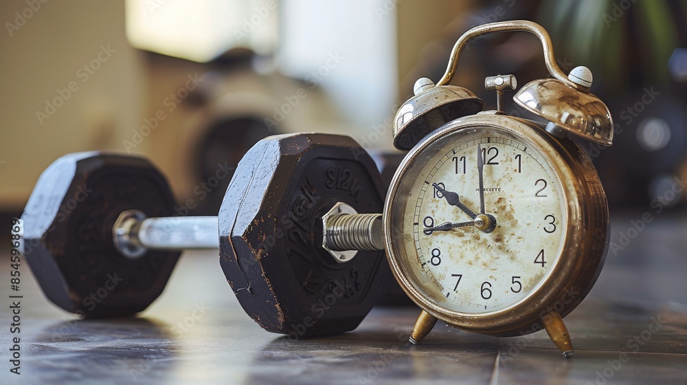 Poster a sleek alarm clock sits next to a pair of dumbbells on a light background, symbolizing the commitme