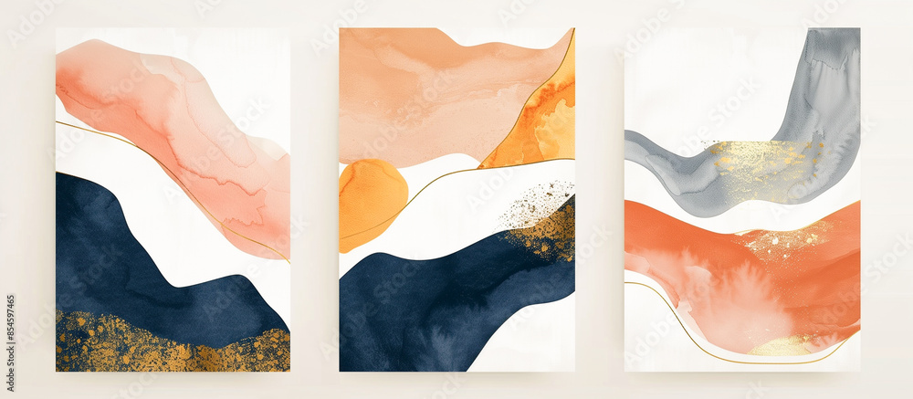 Poster Abstract modern print set watercolor Illustration and gold elements, on white texture background - Posters