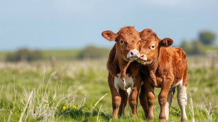 Cows cuddling playfully in a field under a blue sky two calves lovingly rubbing heads