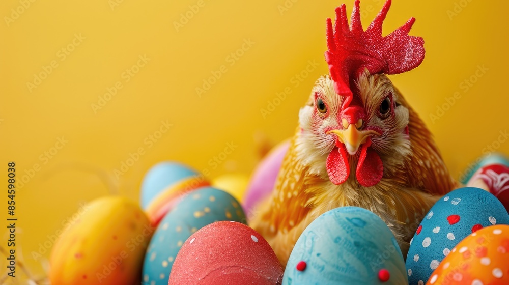 Poster creative easter concept with festive chicken wearing accessories minimal pattern background with spa