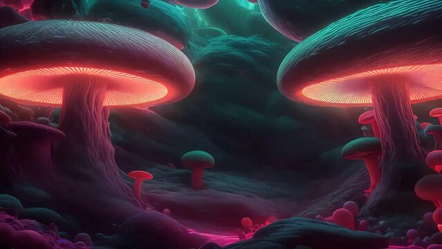 Mushroom Forest Glowing Surreal Atmosphere Vibrant Colors swirling Clouds Fantasy Psychedelic