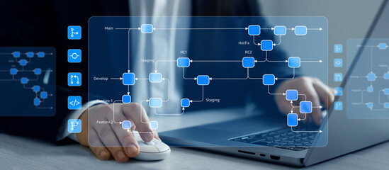 Commit, merging, master development for technology business. Git flow development software diagram....