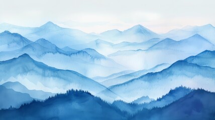 Watercolor Illustration of Blue Hues in a Mountain Sunrise. The Calm of Morning in Nature.