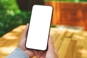 Mockup image of a woman holding mobile phone with blank white desktop screen in the outdoors