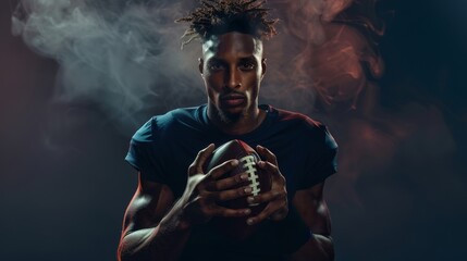 A professional football player holding a ball with determination against a dramatic background.