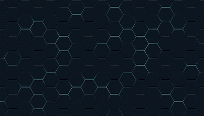 Dark hexagon pattern on blue neon background. Hexagonal geometric pattern.