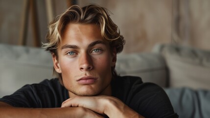 Fototapeta premium Close up shot of a handsome blond man looking thoughtfully away. Men's beauty, fashion.