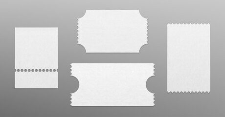 Blank tickets set isolated on background. Vector realistic illustration of white coupon mockup with empty space for text, admission card for concert, theater event, shopping discount of sale offer