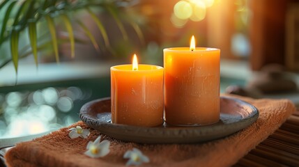 Two lit candles on a wooden plate with white flowers and a towel.