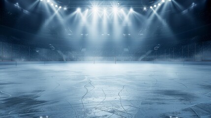 ice hockey arena with fans, spotlights and ice rink. blank space for text or design.