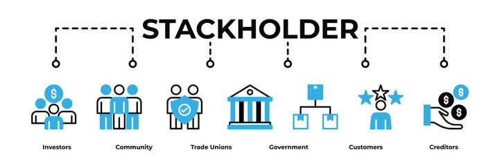 Stakeholder banner web icon outline style vector illustration concept. Containing Investors, Community, Trade Unions, Government, Suppliers, Customers and Creditors