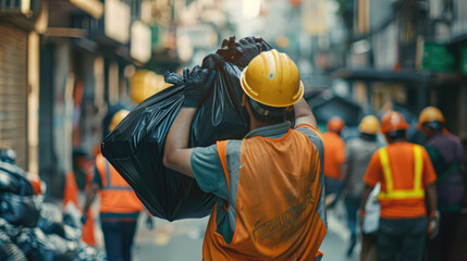 Sanitation Workers Clearing Waste from City Streets with One Lifting Black Bag