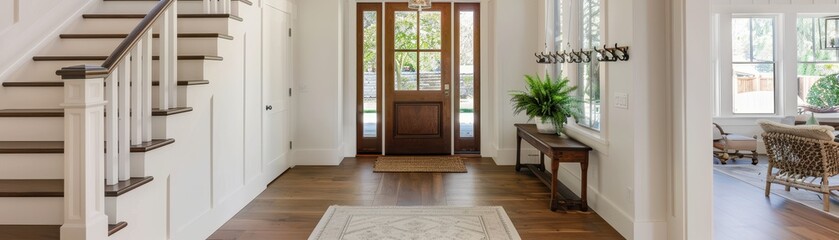 Bright and airy entry foyer with white wall stair case light