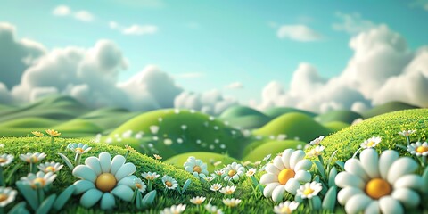 Naklejka premium 3d cartoon style, photographic background for children, green hills with small flowers, the sky is blue and there are small white clouds, light delicate, pastel colors, 2:1, landingpage