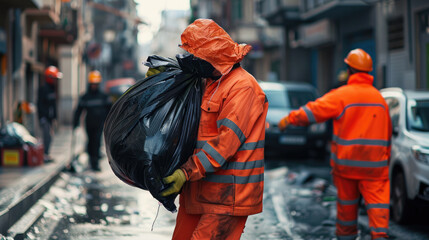 Sanitation Workers Clearing Waste from City Streets with One Lifting Black Bag