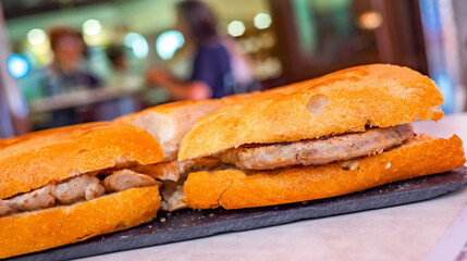 Pork Loin Typical Spanish Bocadillo at Restaurant Bar, Spain, Europe