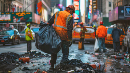 Sanitation Workers Clearing Waste from City Streets with One Lifting Black Bag