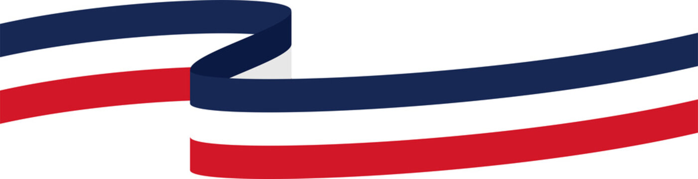 Blue, white and red colored curved border background, as the colors of the national flag of France. Flat design illustration.