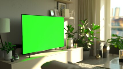 Stylish Loft Apartment Interior with TV Set with Green Screen Mock Up Display Standing on Television Stand. Empty Cozy Living Room of Spacious Flat with Chroma Key Placeholder on Monitor.