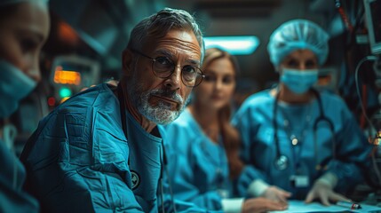 A medical team in a hospital, doctors and nurses in scrubs, consulting a patient in a well-lit, sterile room