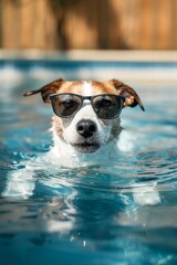 Stylish dog wearing sunglasses, enjoying a swim in the pool on a sunny day. Perfect for summer, fun, and pet-themed projects.
