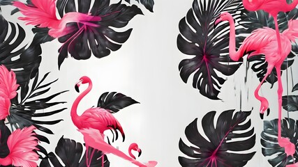 Obraz premium A group of flamingos are standing in a lush green jungle. The scene is vibrant and full of life, with the pink flamingos standing out against the green foliage. Concept of freedom and natural beauty 