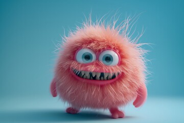 Fototapeta premium Pink Furry Monster with Big Teeth - Adorable and Playful Cartoon Character on Blue Background