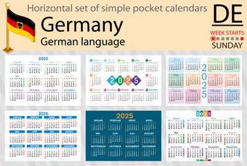 German horizontal set of pocket calendar for 2025. Week starts Sunday