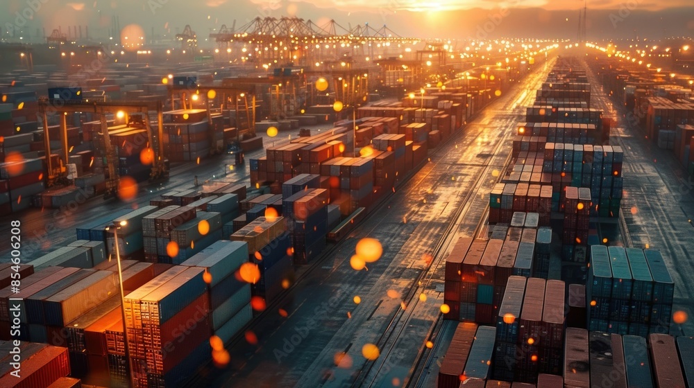 Poster aerial view of an illuminated shipping yard at dusk with rows of stacked cargo containers spread out