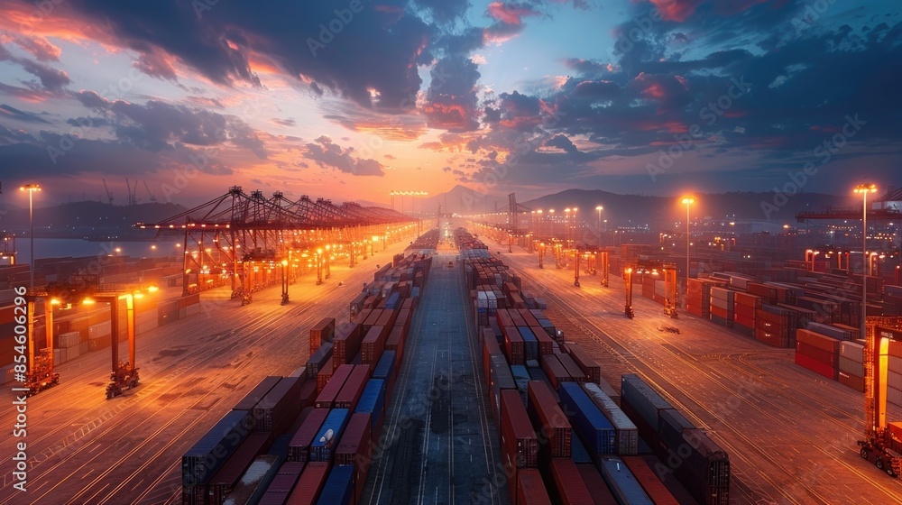 Poster dramatic and atmospheric view of a bustling shipping yard at dusk with rows of brightly illuminated 