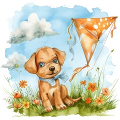 Happy cute puppy in a clearing among grass and flowers, a little canine portrait on a white background.