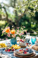 Fototapeta premium Enjoy a refreshing terrace breakfast focused on healthy eating Fresh fruits, nutritious cereals, and wholesome bread served with natural juices under the morning sun