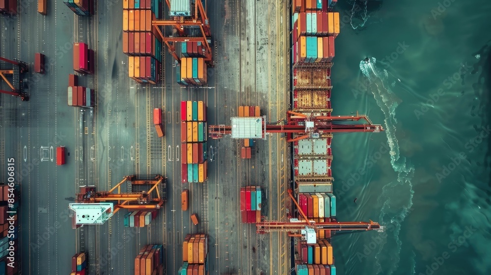 Poster aerial view of a large container ship docked at a bustling commercial port with towering cranes effi