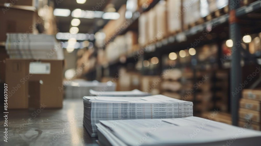 Aufkleber warehouse logistics processing shipping invoices and paperwork in an office setting with focus on in