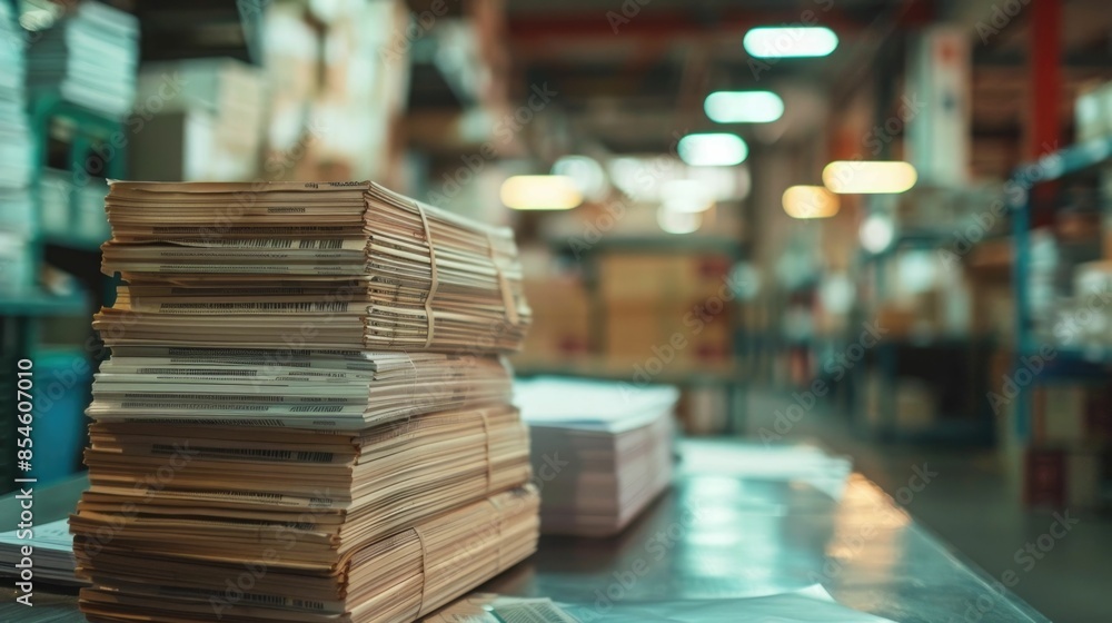Poster shipping invoice being processed in an office setting with a focus on stacked paperwork and blurred 