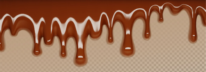 3d melt chocolate drip. Brown liquid syrup flow background. Dark candy cream sauce border. Realistic cacao line banner. Molten sweet run fluid dip. Horizontal caramel falling glaze texture design