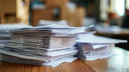 Closeup View of Shipping Invoice Being Processed on Desk in Organized Office Setting with Stacks of Paperwork and Documents
