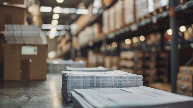 Warehouse Logistics Processing Shipping Invoices and Paperwork in an Office Setting with Focus on Inventory Delivery and Supply Chain