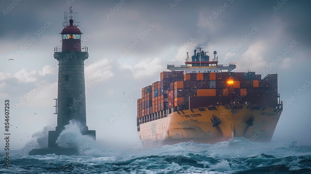 Poster powerful cargo container ship navigating through rough stormy ocean waters past towering lighthouse 