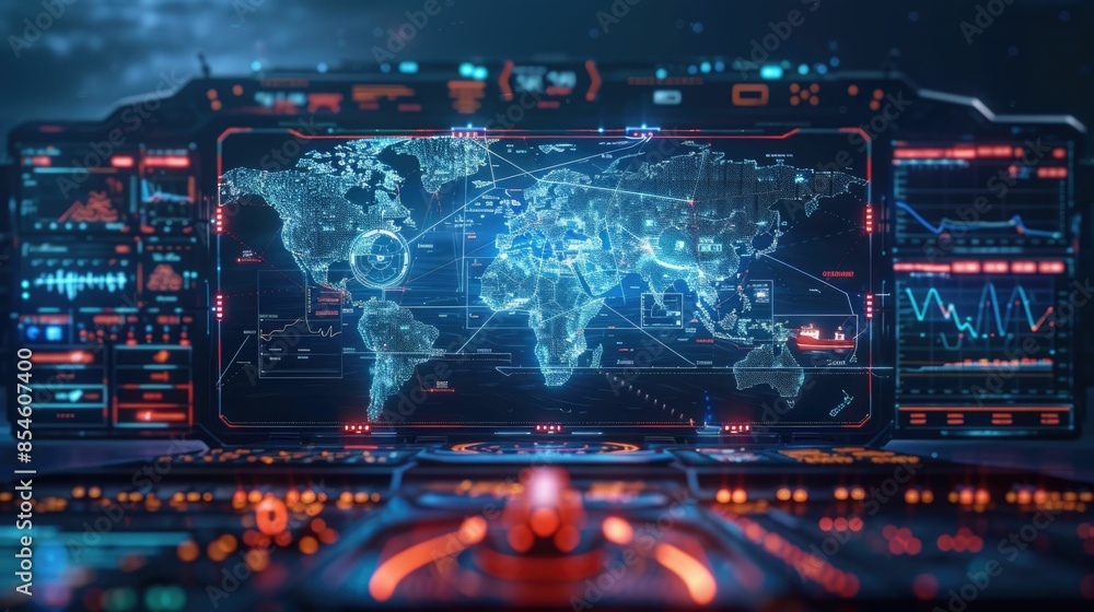 Poster futuristic digital dashboard displaying real time tracking and analytics of cargo ships and freight 