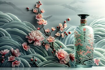 Elegant Japanese bottle adorned with intricate packaging artwork, set against a soothing pastel mint blue background.