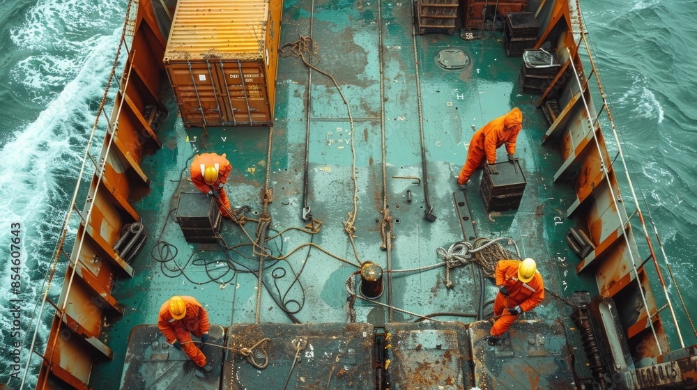 Poster the image shows a group of workers securing and tying down cargo containers on the deck of a merchan