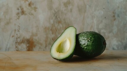 Slice cucumber beside a halved avocado on a brown surface against a gray backdrop