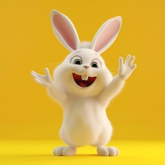 Cheerful cartoon bunny with a big smile on a yellow background. Ideal for children and fun-themed projects.