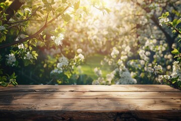 Spring beautiful background with green lush young foliage and flowering branches with an empty wooden table on nature outdoors in sunlight in garden.