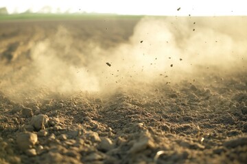 Obraz premium A dramatic dust cloud rising from the impact on dry soil, illustrating erosion and environmental effects. Ideal for environmental and nature-themed projects.